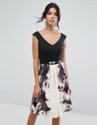 Little Mistress Rose Print Fit And Flare Dress - Black