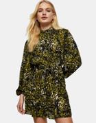 Topshop Ruffle Detail Shirt Dress In Green Leopard Print