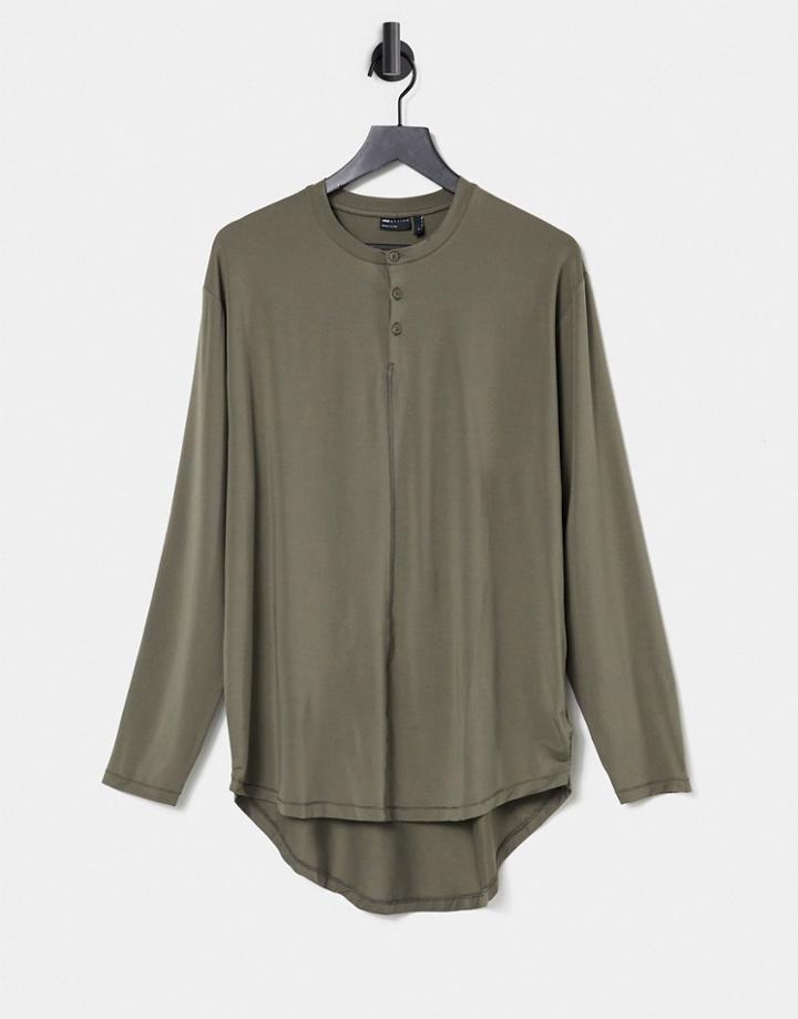 Asos Design Longline Long Sleeve T-shirt In Slinky Khaki Fabric-green