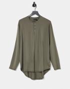 Asos Design Longline Long Sleeve T-shirt In Slinky Khaki Fabric-green