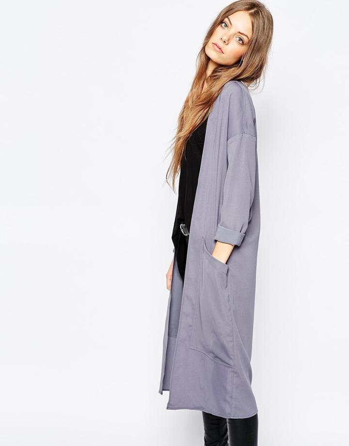 Dr Denim Longline Sateen Duster Cardigan - Mid Gray