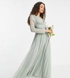Asos Design Petite Bridesmaid Ruched Waist Maxi Dress With Long Sleeves And Pleat Skirt In Olive-green