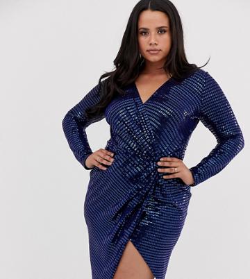 Flounce London Plus Sequin Stretch Midi Dress In Navy - Navy