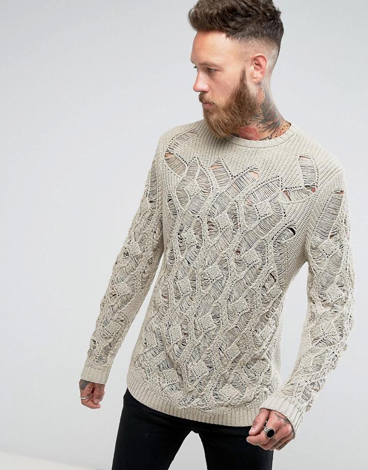 Asos Textured Sweater With All Over Laddered Detail In Stone - Stone