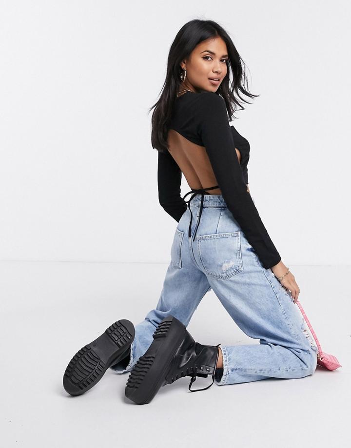Asos Design Long Sleeve Top With Open Back And Tie-black