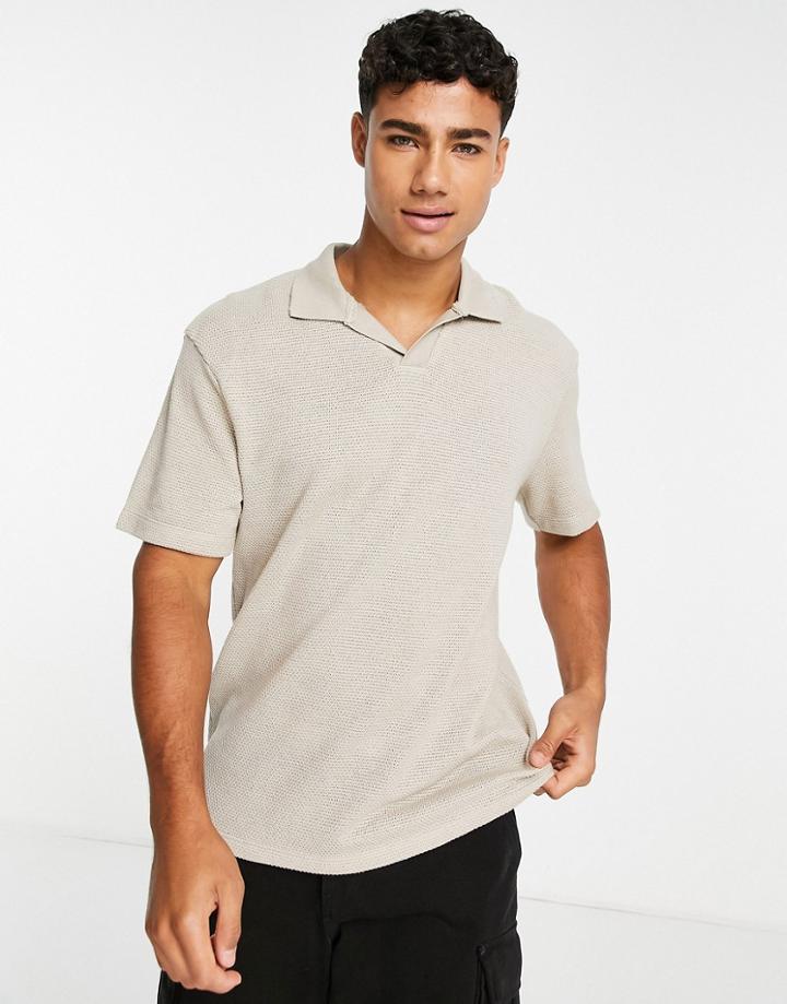 River Island Open Neck Polo Shirt In Beige-neutral