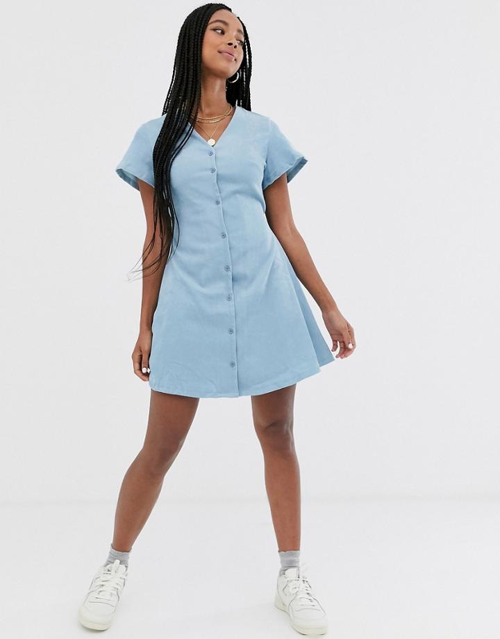 Daisy Street Button Through Skater Dress With Tie Waist In Fine Cord-blue