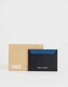 Asos Design Leather Cardholder With Contrast Blue Detail - Black