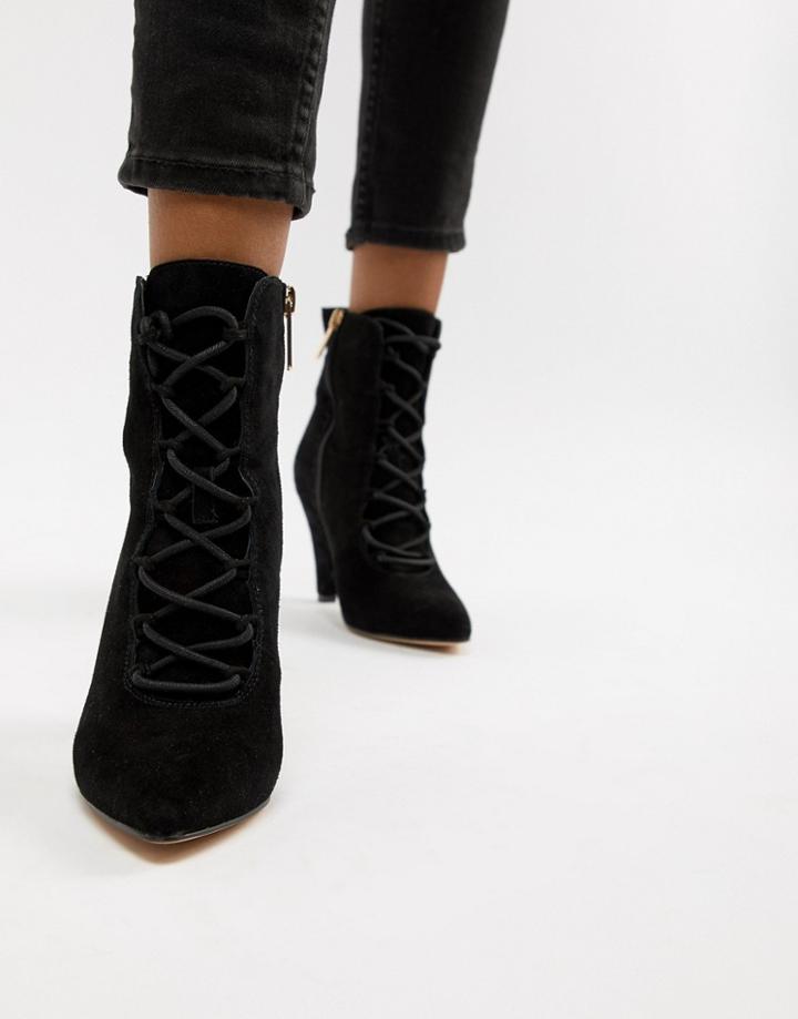 Kurt Geiger Vivian Black Suede Lace Up Heeled Ankle Boots - Black