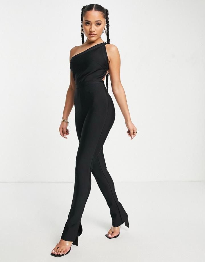 Rare London One Shoulder Bandage Jumpsuit In Black