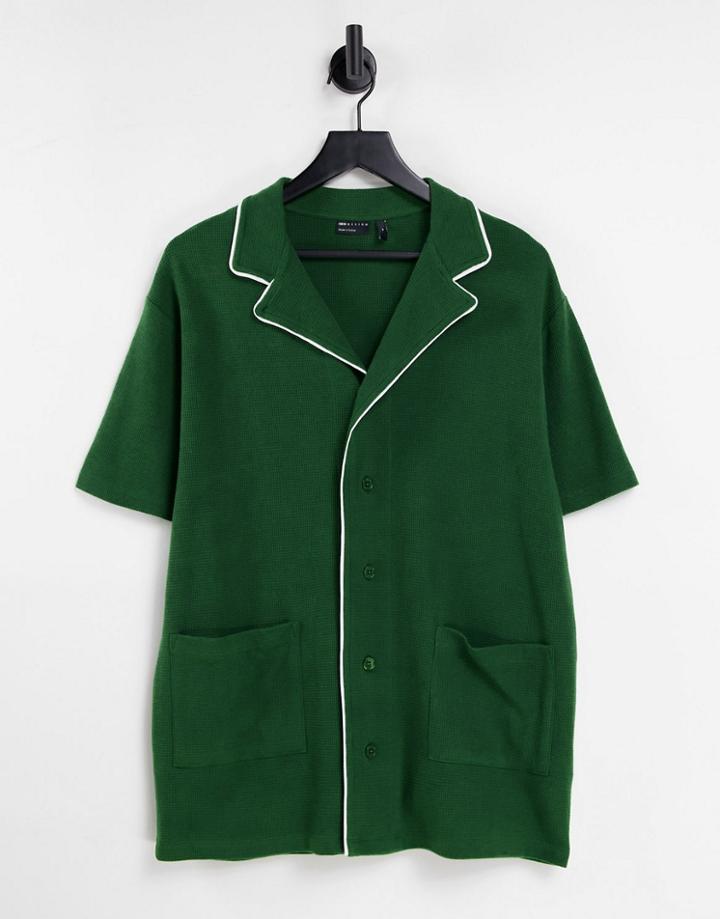 Asos Design Oversized Waffle Polo With Pockets In Green With White Piping