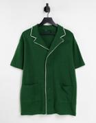 Asos Design Oversized Waffle Polo With Pockets In Green With White Piping