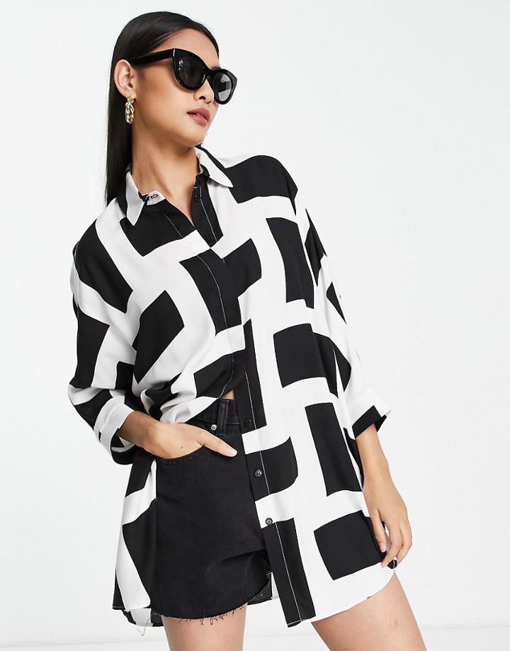 Asos Design Oversized Long Sleeve Shirt In Mono Grid Print-multi