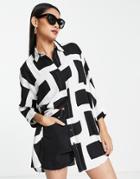 Asos Design Oversized Long Sleeve Shirt In Mono Grid Print-multi