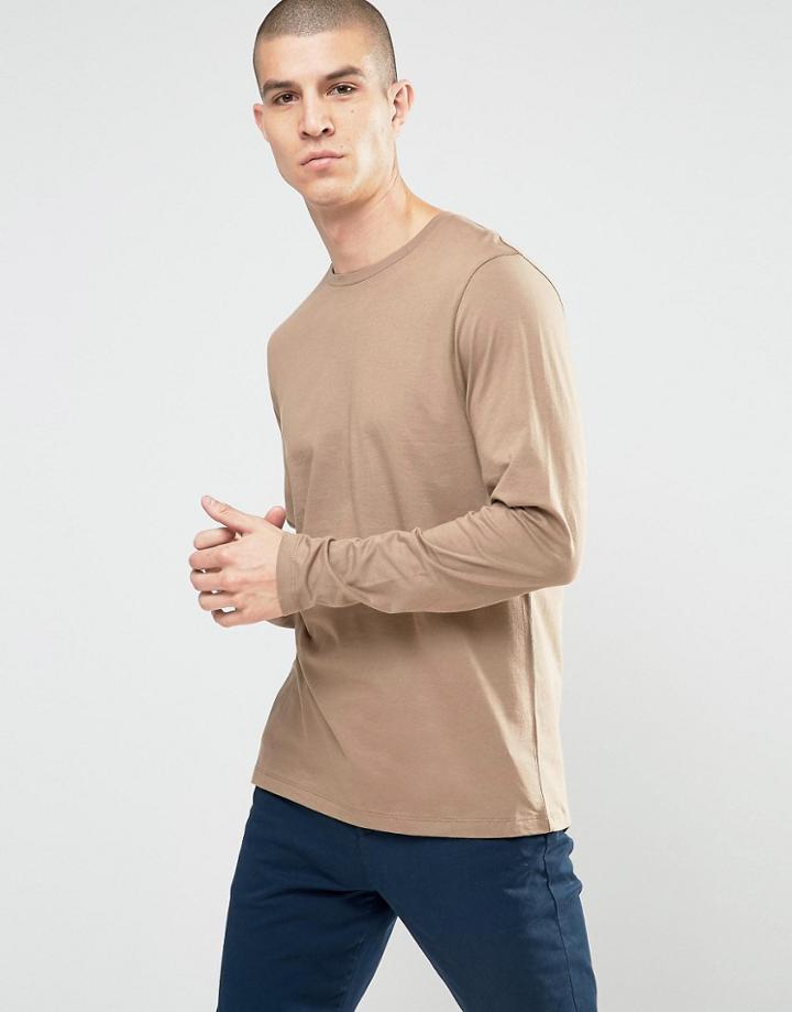 Asos Long Sleeve T-shirt With Crew Neck In Tan - Brown