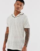 Asos Design Relaxed Revere Polo Shirt With Stitch Detailing In Linen Look-white
