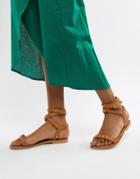 Asos Design Fion Leather Studded Flat Sandals - Tan