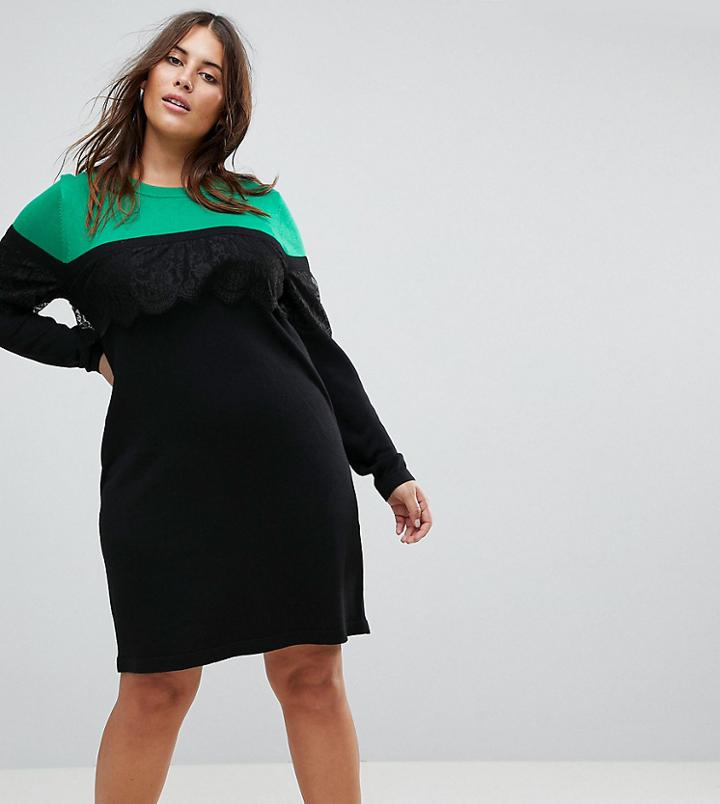 Asos Curve Knitted Mini Dress In Color Block With Lace - Multi