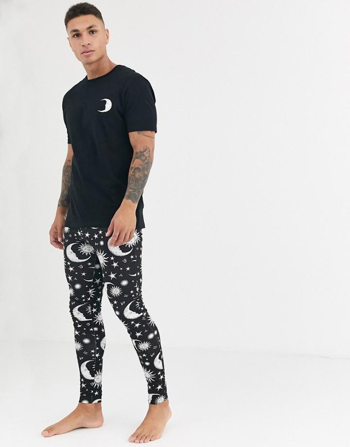 Asos Design Lounge Pyjama Megging And T-shirt Set With Celestrial Print In Black