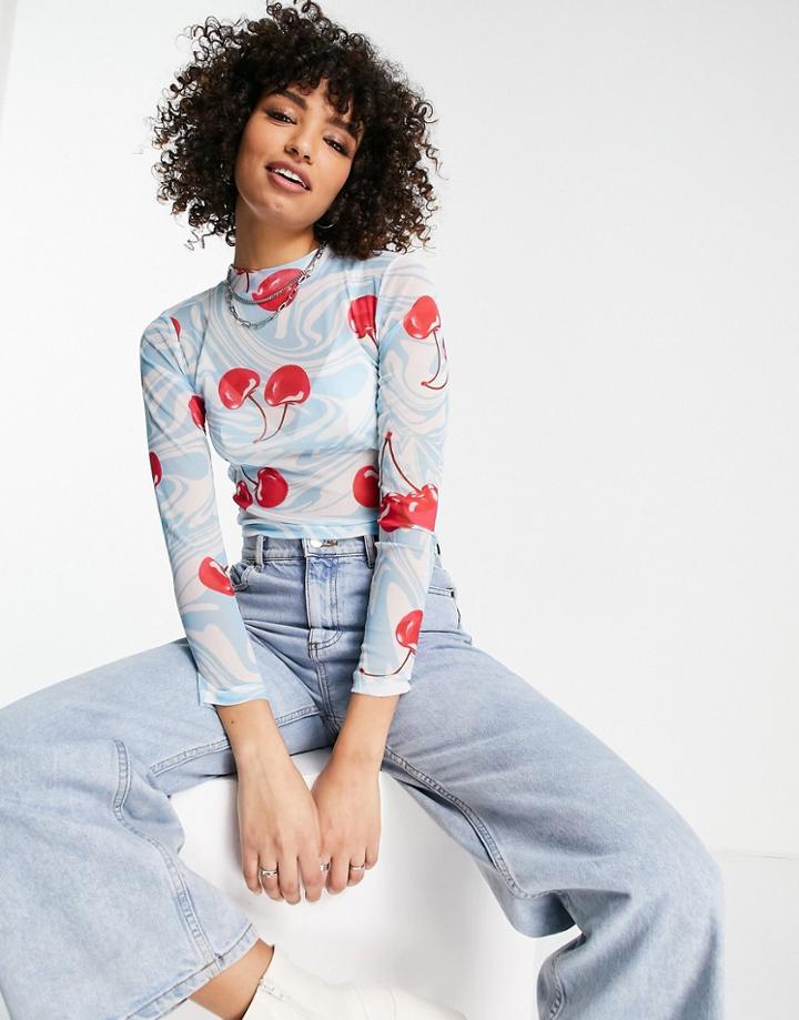 Asos Design Recycled Blend Fitted Mesh Top In Wavy Cherry Print-blues