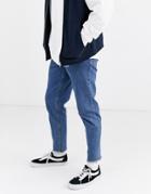 Asos Design Classic Rigid Jeans In Mid Wash Blue With Frayed Hem