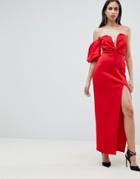 Asos Design Scuba One Shoulder Balloon Sleeve Deep Plunge Maxi Dress-green