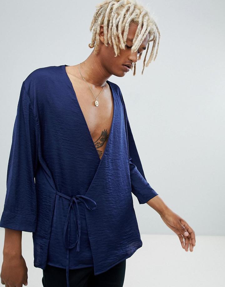 Asos Design Wrap Around Kimono Shirt In Navy - Navy