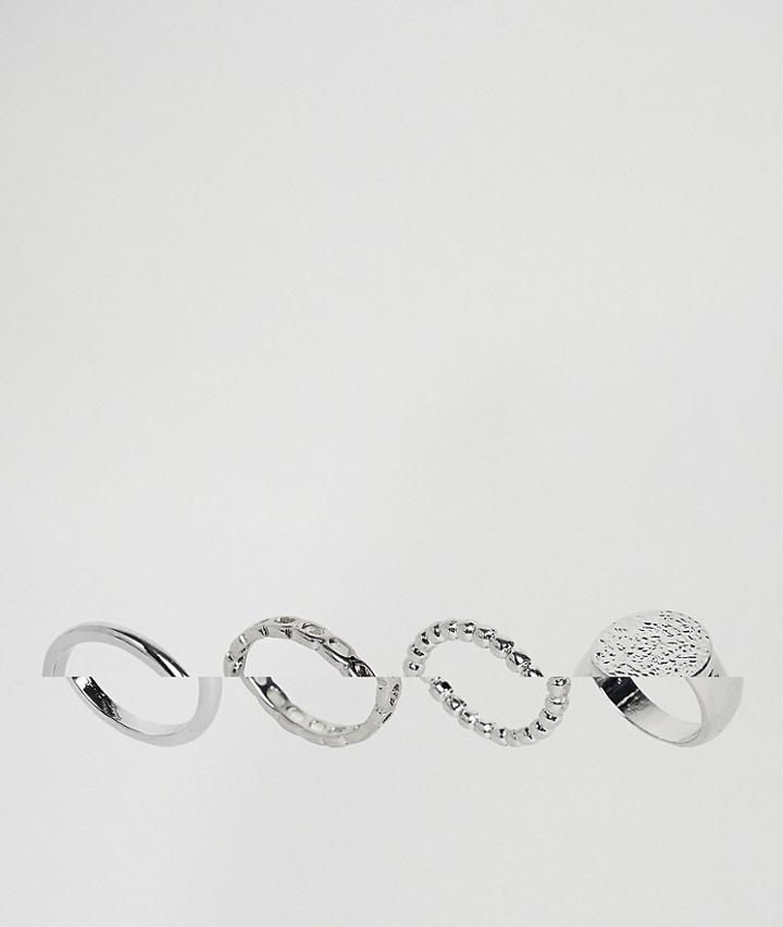 Asos Pack Of 4 Signet And Textured Detail Rings - Silver