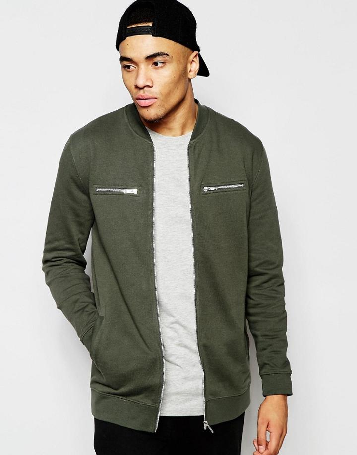 Asos Longline Jersey Bomber Jacket With Zips - Khaki
