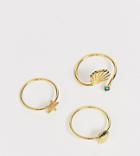 Reclaimed Vintage Inspired 3 Pack Shell Rings - Gold