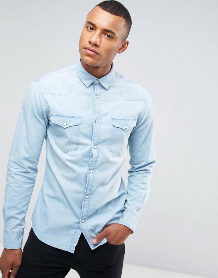 Celio Denim Shirt In Bleached Blue - Blue