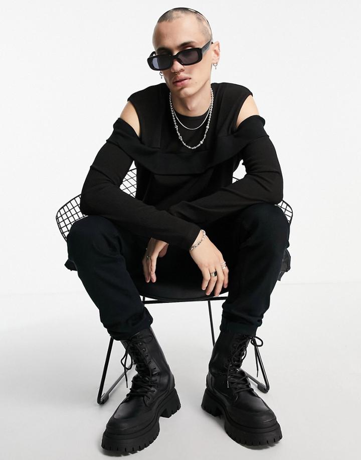 Asos Design Long Sleeve Muscle Off Shoulder T-shirt In Rib In Black