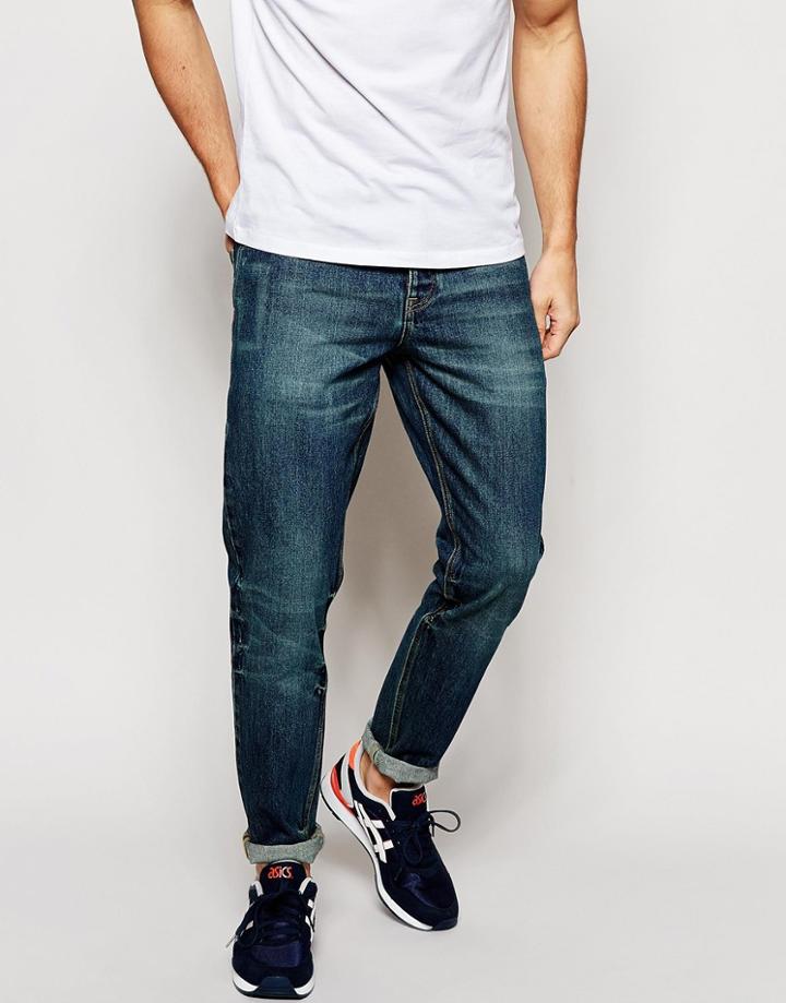 Asos Slim Jeans With Vintage Wash - Dark Blue