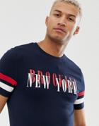 Asos Design Organic Cottton Muscle Fit T-shirt With Cut And Sew Sleeve Stripe And Chest Print - Navy