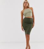 Asos Design Petite High Waisted Pencil Skirt In Khaki-green