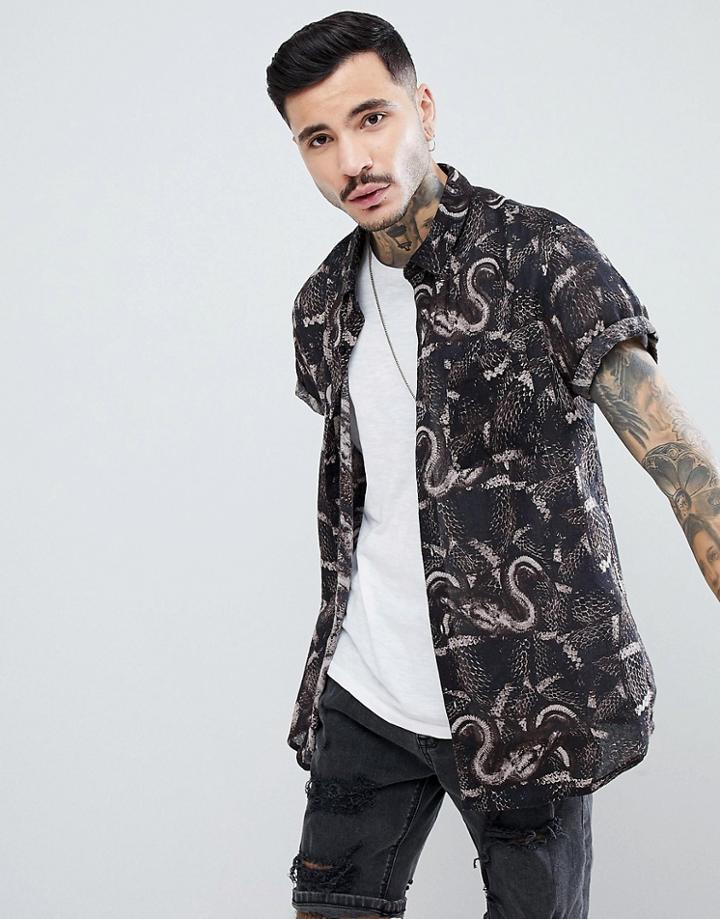 Rollas Snake Printed Shirt - Black