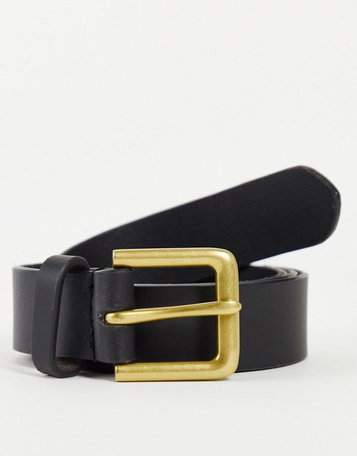 Asos Design Smart Leather Belt In Black With Antique Gold Buckle