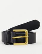 Asos Design Smart Leather Belt In Black With Antique Gold Buckle