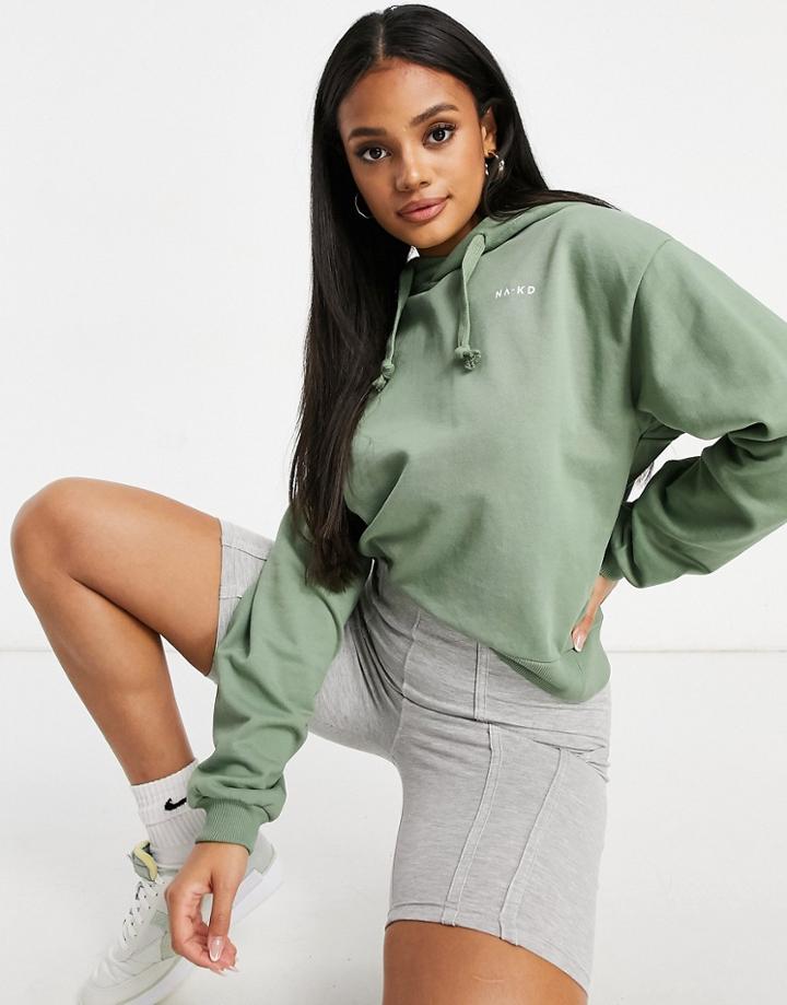 Na-kd Logo Print Hoodie In Dusty Green