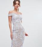 Boohoo Lace Off The Shoulder Midi Pencil Dress - Blue