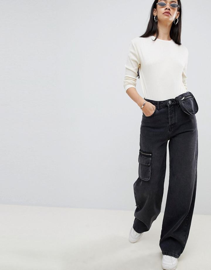 Asos Design Utility Skater Jeans With Fanny Pack Detail In Washed Black - Black