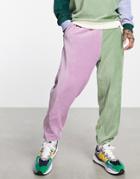 Asos Design Oversized Sweatpants In Yellow And Green Ribbed Velour Color Block - Part Of A Set-multi