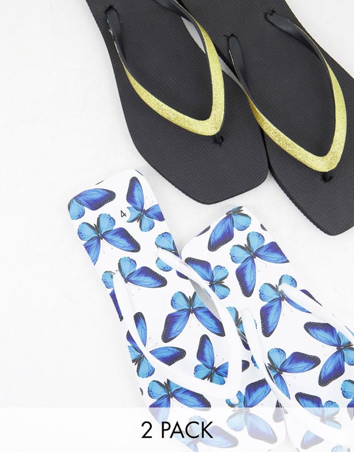 Truffle Collection 2-pack Square Toe Flip Flops In White And Print-multi