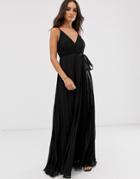 Asos Design Cami Pleated Maxi Dress With Grosgrain Tie Waist-black