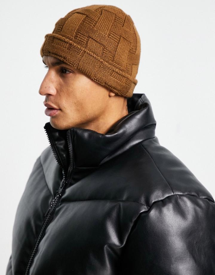 Asos Design Mini Fisherman Beanie In Brown Crosshatch