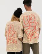 Collusion Unisex Tie Dye T-shirt With Back Print In Beige - Multi