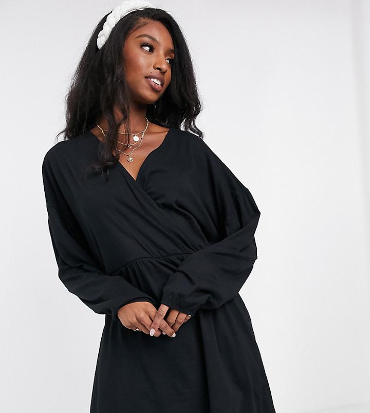 Asos Design Tall Wrap Front Long Sleeve Smock Dress In Black