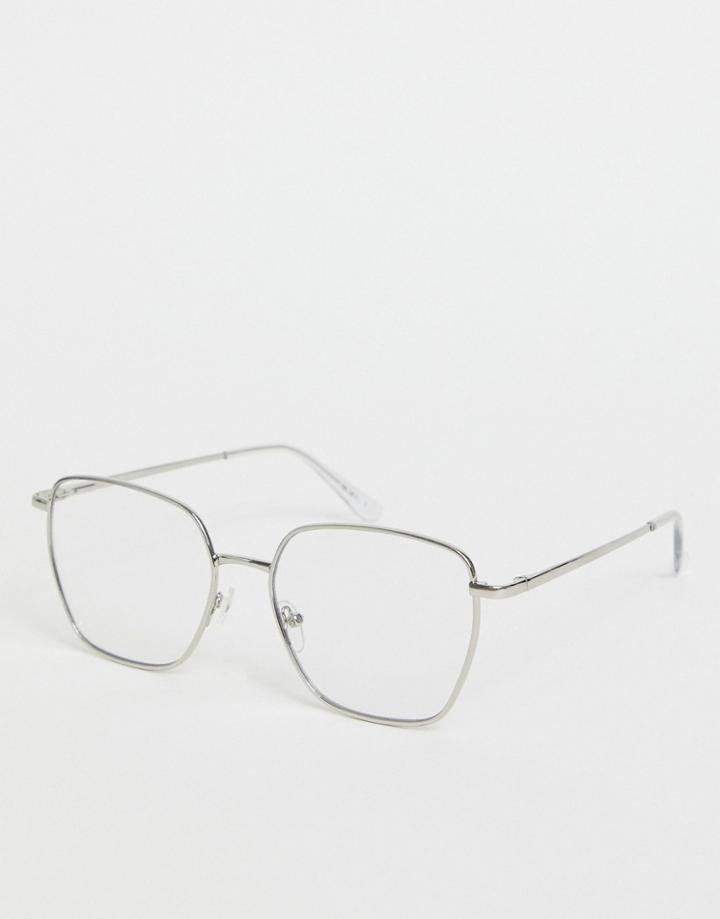 Asos Design Square Cat Eye Metal Clear Lens Glasses In Silver