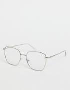 Asos Design Square Cat Eye Metal Clear Lens Glasses In Silver