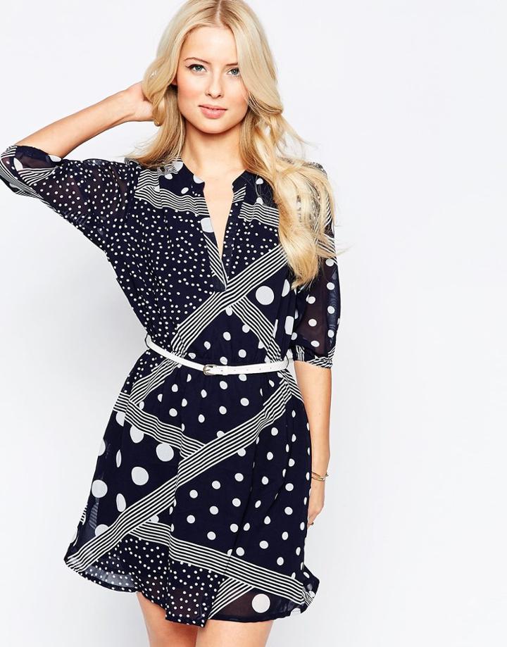 Yumi Belted Dress With 3/4 Sleeves In Mixed Spot And Stripe Print - Navy